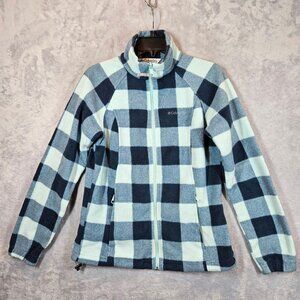 Columbia Womens M Blue White Plaid Zip Fleece zip Jacket pockets outdoor casual